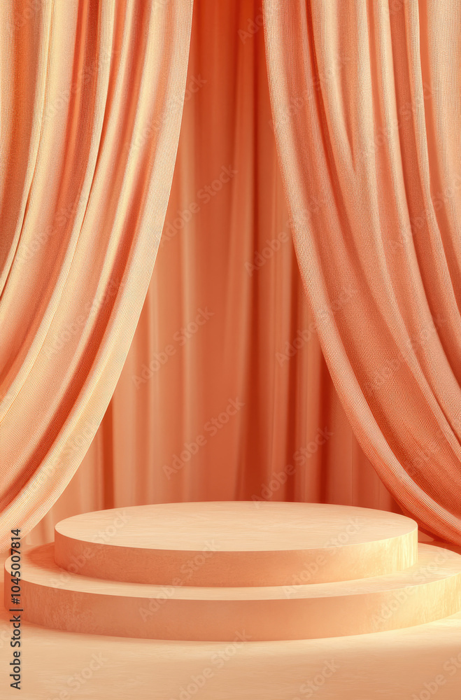 Warm and Inviting 3D Rendered Podium with Pale Coral Curtains for a Cozy Appeal Warm and Inviting 3D Rendered Podium with Pale Coral Curtains for a Cozy Appeal