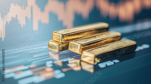 Gold bars and a financial chart showing rising values, symbolizing capital growth and market investment exchange