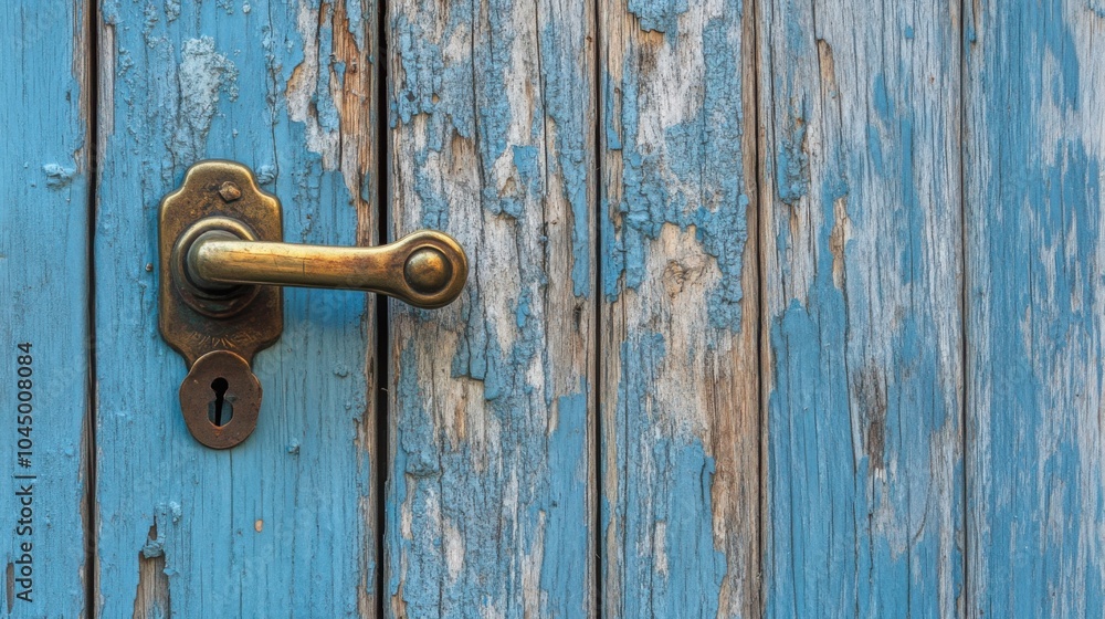 Detailed view of a rustic wooden door with an antique brass handle. Chipped blue paint revealing the worn wood beneath. Warm afternoon light and visible texture of the wood grain. Detailed view of a rustic wooden door with an antique brass handle. Chipped blue paint revealing the worn wood beneath. Warm afternoon light and visible texture of the wood grain.