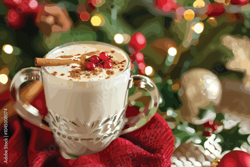 cup of hot cocoa or cappuccino with cream. Christmas style. Gingerbread and res satin ribbons