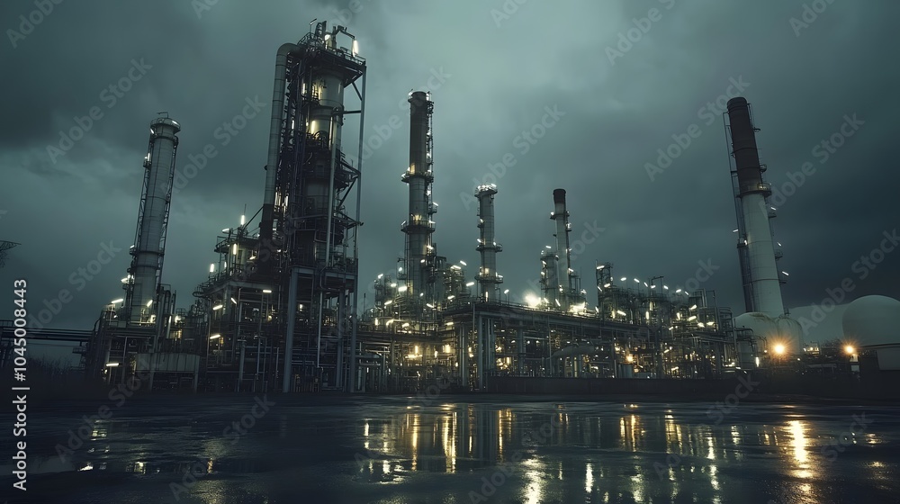 A massive oil and gas intertwined industrial complex with towering towers, pipes, and tanks at night A massive oil and gas intertwined industrial complex with towering towers, pipes, and tanks at night
