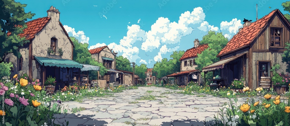 Fototapeta premium A picturesque village street with cobblestone road, lined with charming houses, lush greenery, and a sunny blue sky.