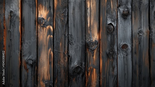 Burnt wood planks with charred edges, creating a dramatic, rustic background for barbecue restaurant menus or grilling tool packaging.