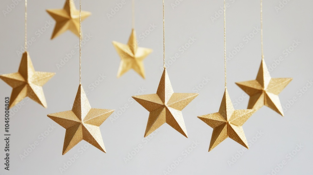 Obraz premium Graceful gold stars hanging from strings, arranged symmetrically against a simple white background, for a subtle festive look.