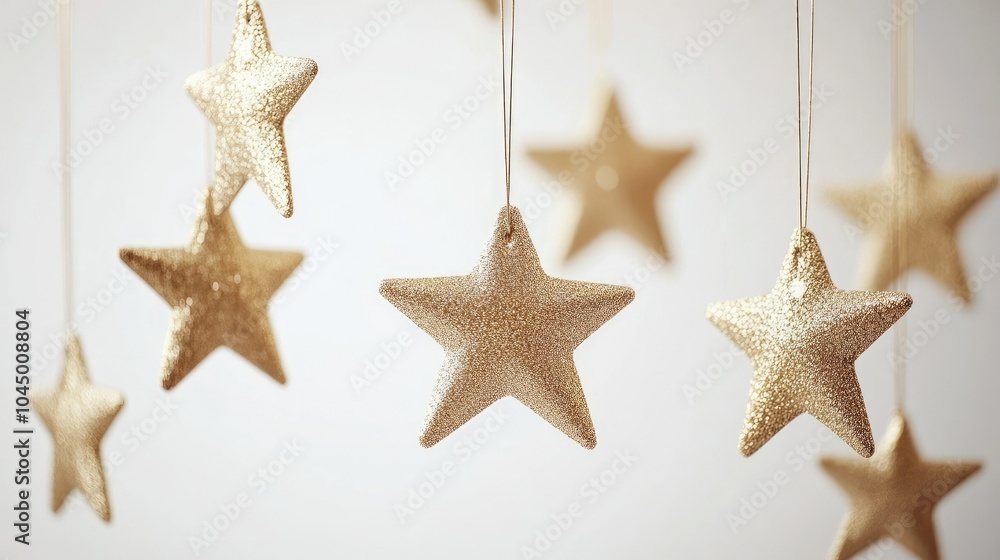 Graceful gold stars hanging from strings, arranged symmetrically against a simple white background, for a subtle festive look. Graceful gold stars hanging from strings, arranged symmetrically against a simple white background, for a subtle festive look.