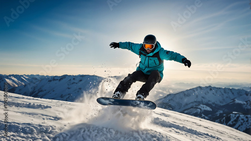 snowboarder on a mountain slope in winter, man enjoying snowboarding in mountain, ski resort, winter sport, hobby, active recreation, landscape, banner