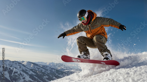 snowboarder on a mountain slope in winter, man enjoying snowboarding in mountain, ski resort, winter sport, hobby, active recreation, landscape, banner
