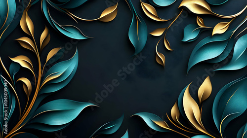 Teal and Gold Leaves Abstra...