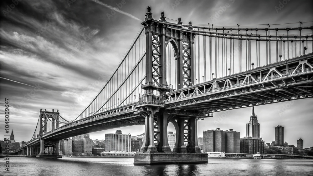 Fototapeta premium Zbliżenie surrealistycznego obrazu mostu Manhattan w czerni i bieli