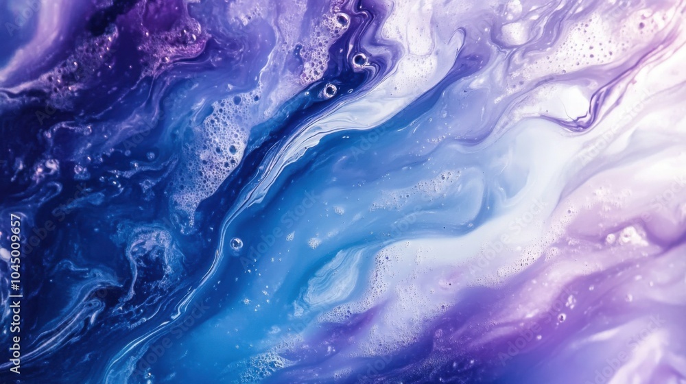 Fluid acrylic pour painting with swirling blues, purples, and whites, creating a marbled abstract effect Fluid acrylic pour painting with swirling blues, purples, and whites, creating a marbled abstract effect