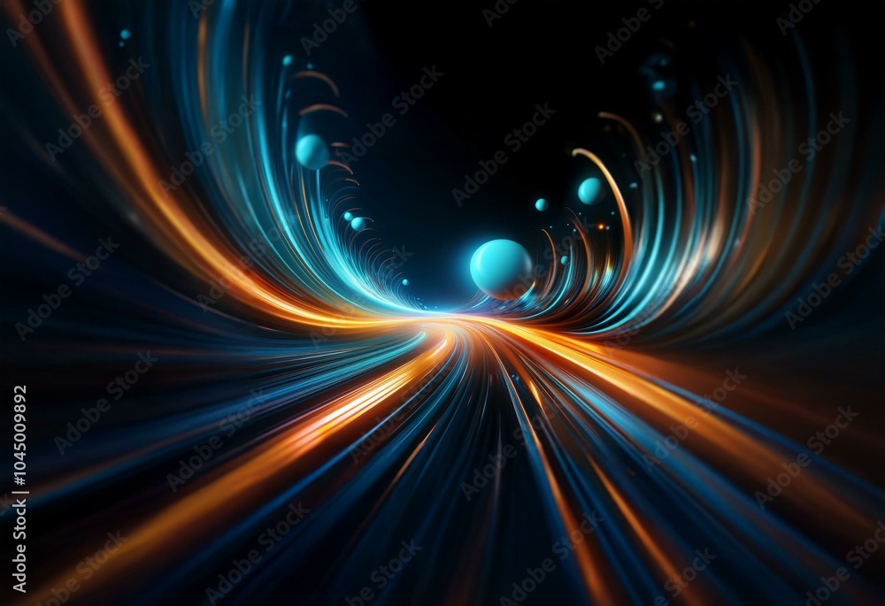 An abstract view of motion with light trails and spheres. An abstract view of motion with light trails and spheres.