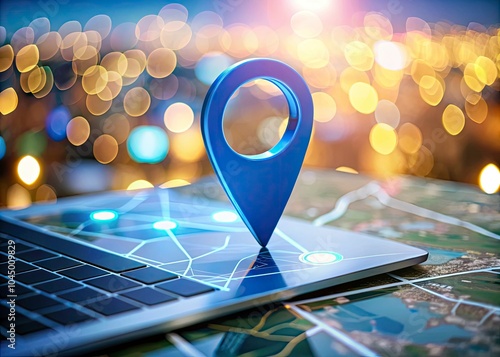 Blue Pin Icon on Digital Map for Navigation and Travel, Highlighting Location with Bokeh Effect, Ideal for Travel Apps and Online Maps, Enhancing User Experience and Directional Clarity photo