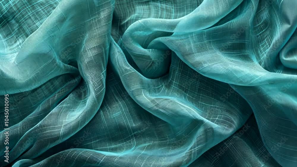A close-up of teal sheer fabric with a textured pattern, captured in a studio setting A close-up of teal sheer fabric with a textured pattern, captured in a studio setting