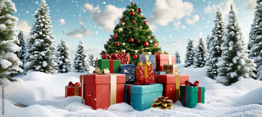 A festive Christmas scene featuring a decorated tree surrounded by colorful presents in a snowy landscape with evergreen trees. A festive Christmas scene featuring a decorated tree surrounded by colorful presents in a snowy landscape with evergreen trees.