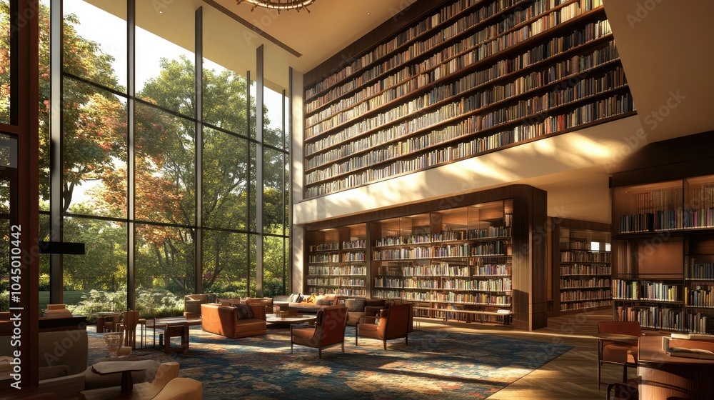 Inviting library with floor-to-ceiling bookshelves, cozy seating, and a warm, quiet atmosphere perfect for getting lost in a book. Inviting library with floor-to-ceiling bookshelves, cozy seating, and a warm, quiet atmosphere perfect for getting lost in a book.