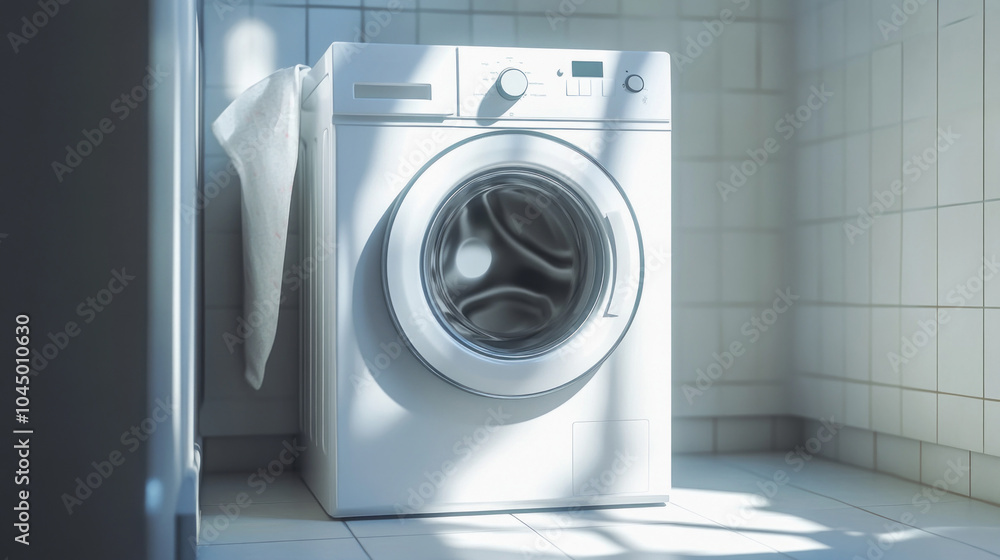 A white washing machine is sitting in a bathroom A white washing machine is sitting in a bathroom