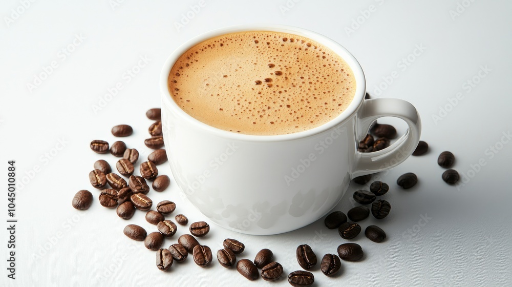 Latte in a white mug with rich foam and coffee beans artistically arranged on a bright white background Latte in a white mug with rich foam and coffee beans artistically arranged on a bright white background