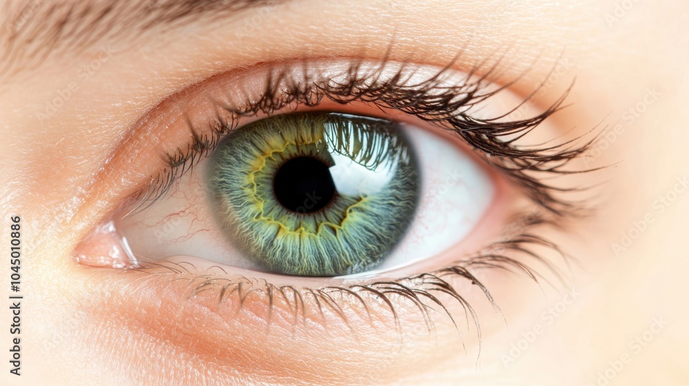 Close-up view of a human eye with striking green and brown hues, showcasing detailed eyelashes and reflections in natural light Close-up view of a human eye with striking green and brown hues, showcasing detailed eyelashes and reflections in natural light