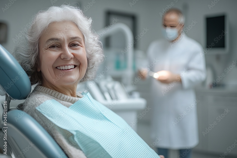 A Senior Woman Sits In A Dental Chair, Smiling Confidently After A Checkup, With A Dentist Visible In The Background. A Senior Woman Sits In A Dental Chair, Smiling Confidently After A Checkup, With A Dentist Visible In The Background.