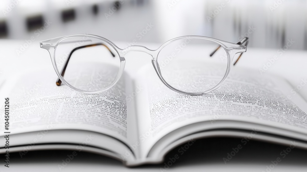 A pair of eyeglasses resting on an open book, office supplies element, 3D rendering, photorealistic style, isolated on white background A pair of eyeglasses resting on an open book, office supplies element, 3D rendering, photorealistic style, isolated on white background