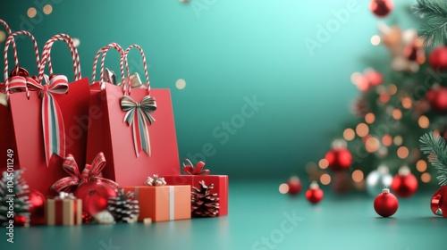 Christmas shopping background with gift boxes, festive bows, and shopping bags filled with holiday goodies.