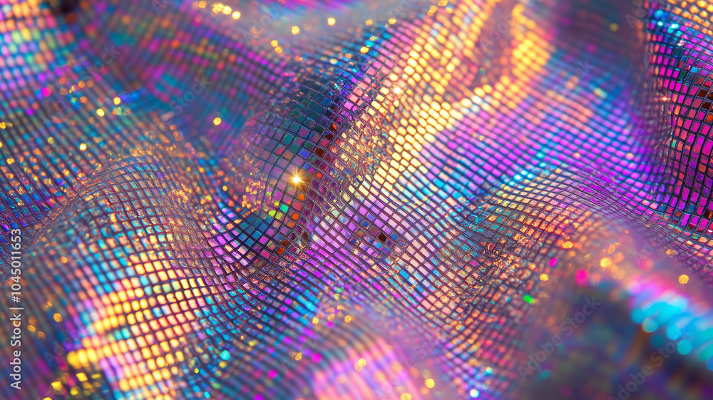 Close-up of rainbow holographic foil with glittering patterns Close-up of rainbow holographic foil with glittering patterns