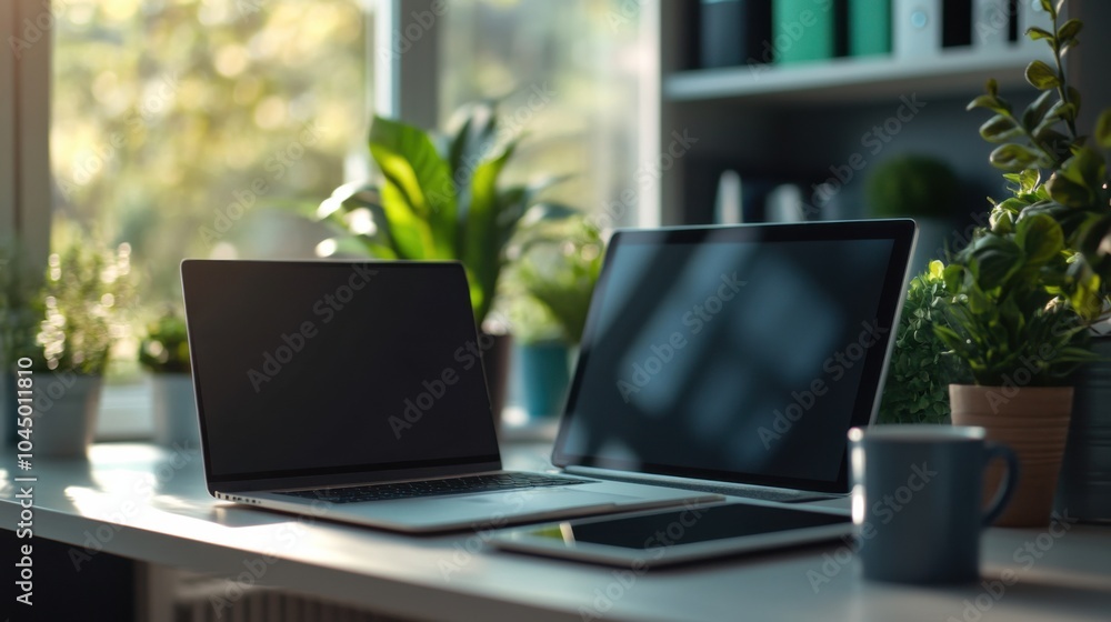 High-quality shot of a sleek modern office setup with a laptop, tablet, and coffee cup on a clean desk, surrounded by natural light. High-quality shot of a sleek modern office setup with a laptop, tablet, and coffee cup on a clean desk, surrounded by natural light.