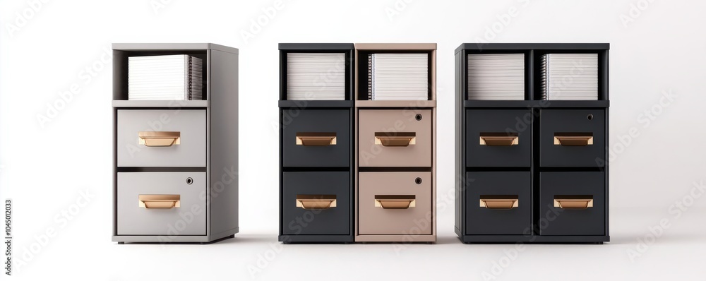 A set of filing cabinets with folders, office organization element, 3D rendering, clean and simple, isolated on white background A set of filing cabinets with folders, office organization element, 3D rendering, clean and simple, isolated on white background