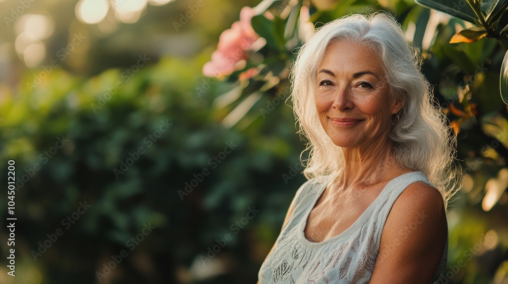 Portrait of a Smiling Senior Woman with Gray Hair, Dressed in a White Tank Top, Enjoying a Serene Backdrop of Lush Greenery and Sunlight Portrait of a Smiling Senior Woman with Gray Hair, Dressed in a White Tank Top, Enjoying a Serene Backdrop of Lush Greenery and Sunlight