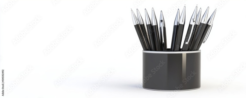 A set of office pens in a holder, office supplies element, 3D rendering, sleek and organized, isolated on white background A set of office pens in a holder, office supplies element, 3D rendering, sleek and organized, isolated on white background