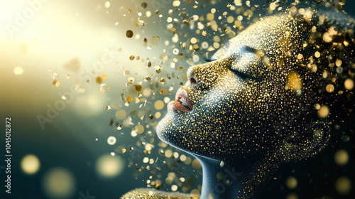An upward angled portrait of a woman surrounded by luminous particles creating an abstract representation of joy and freedom in digital artistry form.