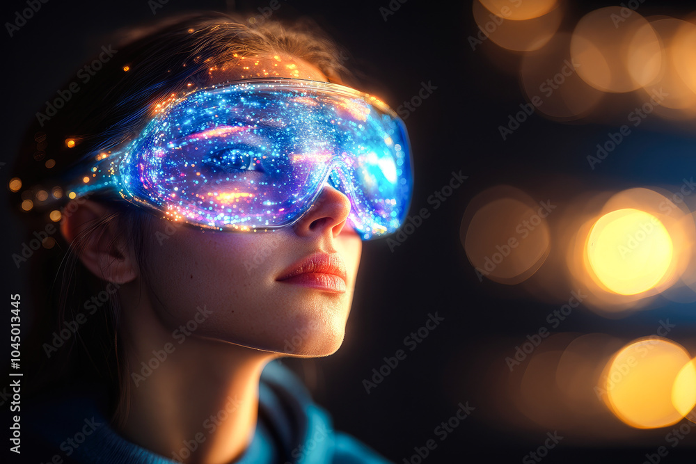 A woman gazes upward through futuristic virtual reality glasses, reflecting a cosmic nebula scene, surrounded by vibrant bokeh lighting to create a magical atmosphere. A woman gazes upward through futuristic virtual reality glasses, reflecting a cosmic nebula scene, surrounded by vibrant bokeh lighting to create a magical atmosphere.
