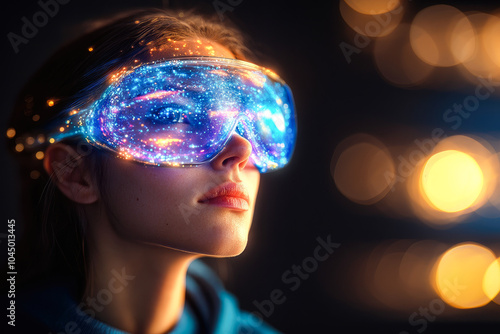 A woman gazes upward through futuristic virtual reality glasses, reflecting a cosmic nebula scene, surrounded by vibrant bokeh lighting to create a magical atmosphere.