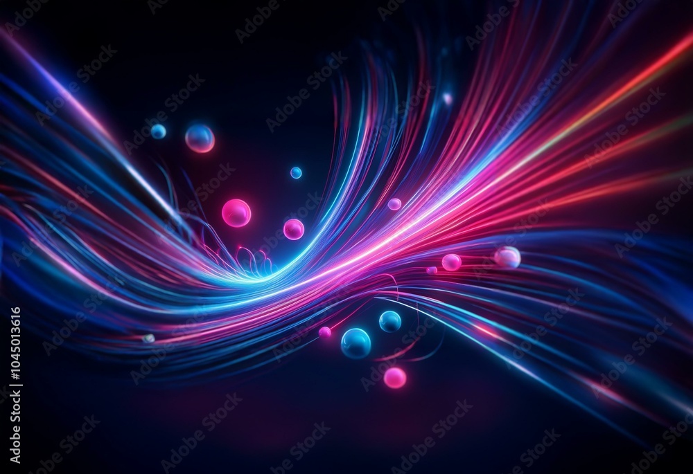 Abstract digital art with glowing pink and blue streaks and orbs in a dark background. Abstract digital art with glowing pink and blue streaks and orbs in a dark background.