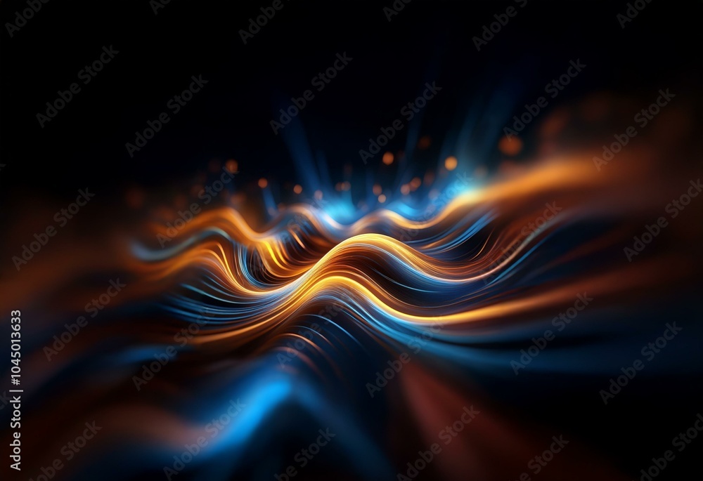 Abstract art with glowing, flowing lines in orange and blue on a black background.