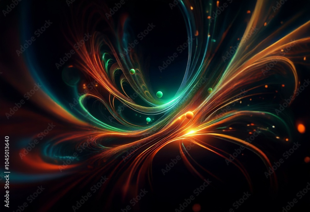 Abstract digital art with swirling lines of orange, teal, and green with a glowing center. Abstract digital art with swirling lines of orange, teal, and green with a glowing center.