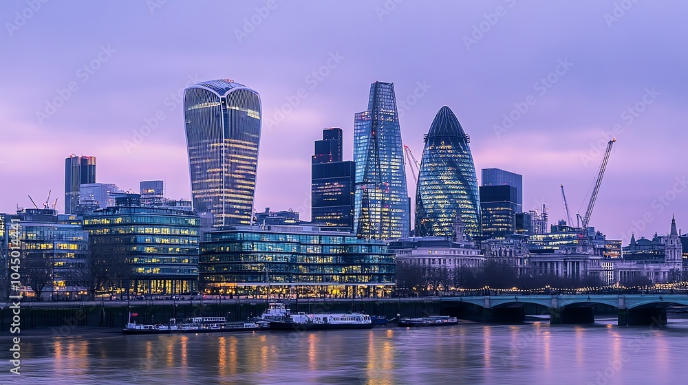 Obraz premium The London skyline at dusk with a river in the foreground.