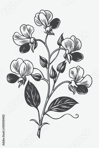 Sweet Pea Branch with Flowers Silhouette Vector Illustration of Elegant Flowering Plant Design