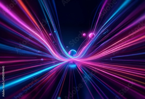 Abstract, glowing, colorful, streaks of light converge into a central point, surrounded by orbs.