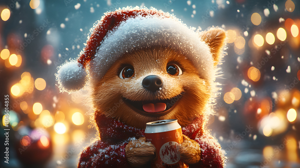 A Playful Cartoon Dog in a Santa Cap Enjoying a Festive Day with a Beer Can Amidst a Magical Snowstorm A Playful Cartoon Dog in a Santa Cap Enjoying a Festive Day with a Beer Can Amidst a Magical Snowstorm