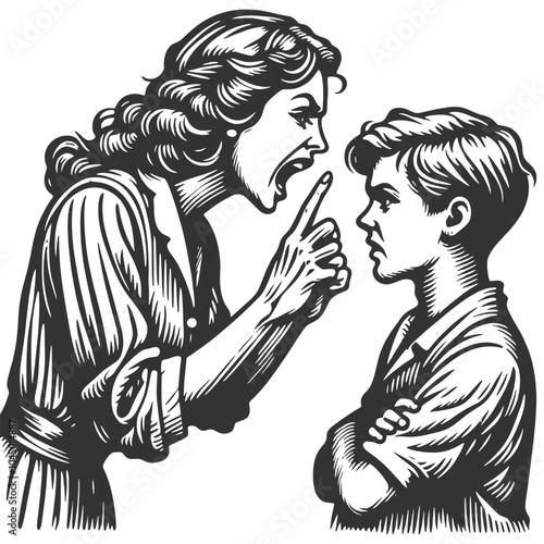 angry mother yelling at her young son, tense moment of discipline and frustration sketch engraving generative ai fictional character vector illustration. Scratch board imitation. Black and white image