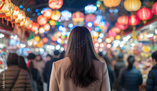 Back view portrait of a young Asian woman in mid 20s with long straight black hair wearing beige coat strolling on a bustling street market with lantern lights along the street. Chinese New Year Fest photo