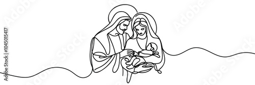 Continuous one line Christmas vector Christian nativity scene of baby Jesus with Mary and Joseph. Bethlehem scene