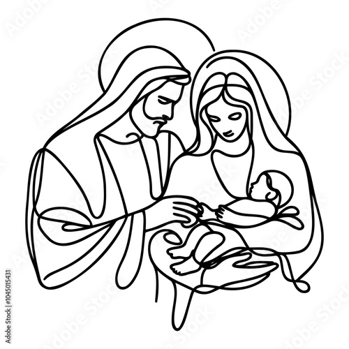 Continuous one line Christmas vector Christian nativity scene of baby Jesus with Mary and Joseph. Bethlehem scene