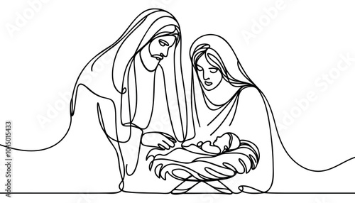 Continuous one line Christmas vector Christian nativity scene of baby Jesus with Mary and Joseph. Bethlehem scene