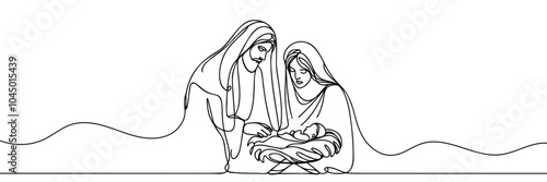 Continuous one line Christmas vector Christian nativity scene of baby Jesus with Mary and Joseph. Bethlehem scene