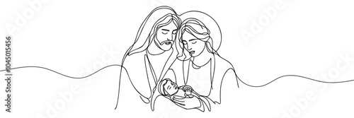 Continuous one line Christmas vector Christian nativity scene of baby Jesus with Mary and Joseph. Bethlehem scene