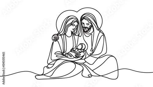 Continuous one line Christmas vector Christian nativity scene of baby Jesus with Mary and Joseph. Bethlehem scene