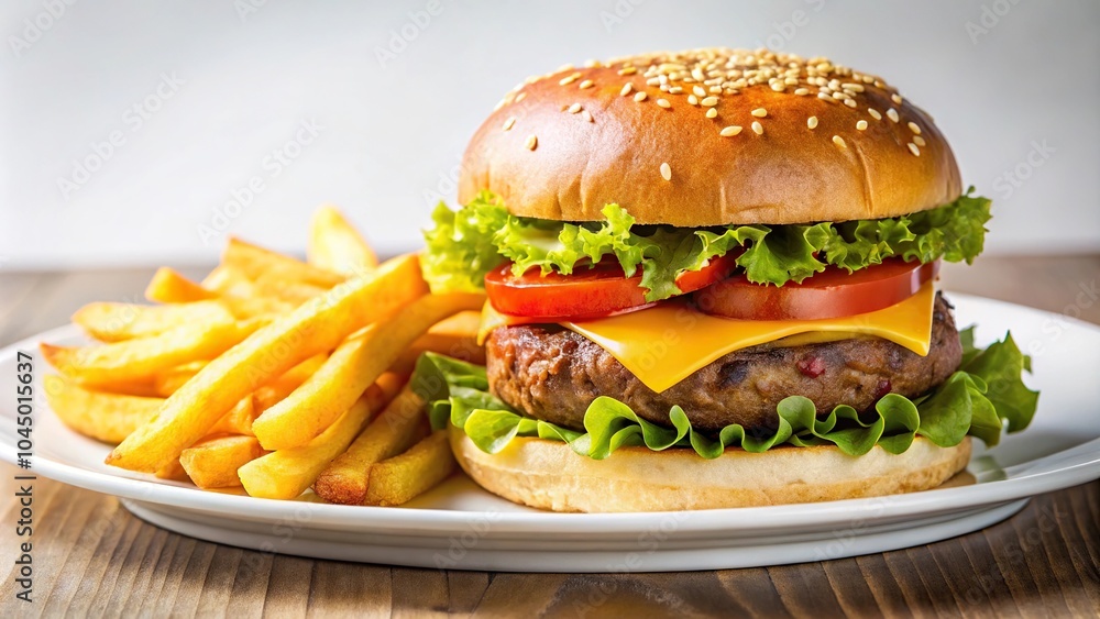 Close-up view of a hamburger and french fries on a white plate Close-up view of a hamburger and french fries on a white plate