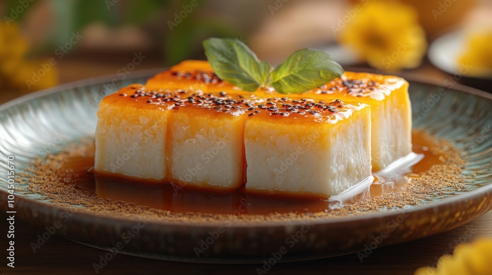 Delicious Japanese Tofu with Sauce on a Ceramic Dish Perfect for Gastronomic Art for Food Blogs and Menus Delicious Japanese Tofu with Sauce on a Ceramic Dish Perfect for Gastronomic Art for Food Blogs and Menus